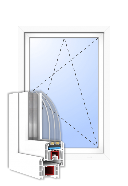 Profilquerschnitt 3-fach verglast mit Außenansicht in Weiß Kunststofffenster 71 mm innen öffnend DIN links