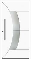 Außenansicht SCHÜCO Aluminium Haustür mit Halbmondglas Weiß DIN links