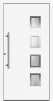Außenansicht Kunststoff-Aluminium Haustür mit Edelstahl-Applikationen Weiß