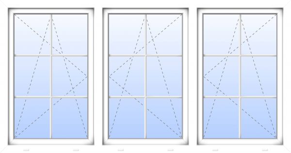 Kunststoff Fenster &quot;MARTIN&quot; 74 mm 3-fach Verglasung symmetrisch Dreh-Kipp / Dreh-Kipp / Dreh-Kipp 3-flügelig 6 Sprossenfelder