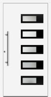 Außenansicht Kunststoff-Aluminium Haustür mit Edelstahl-Applikationen Weiß